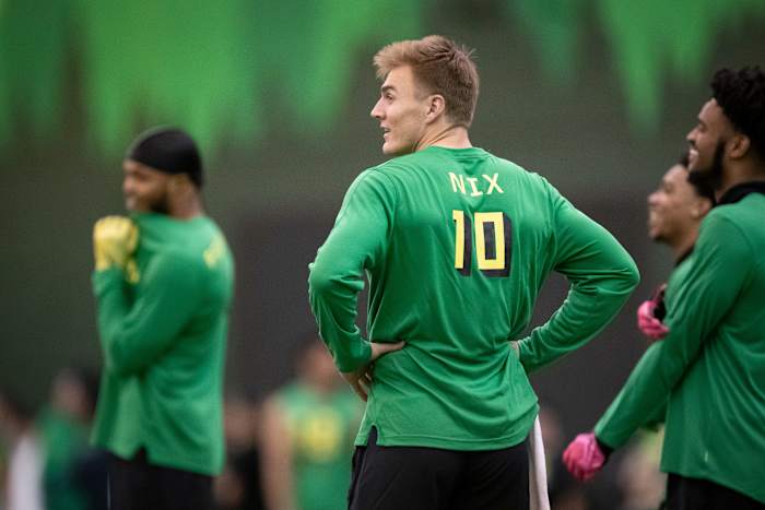 Oregon quarterback Bo Nix in Eugene at the Ducks' 2024 Pro Day.